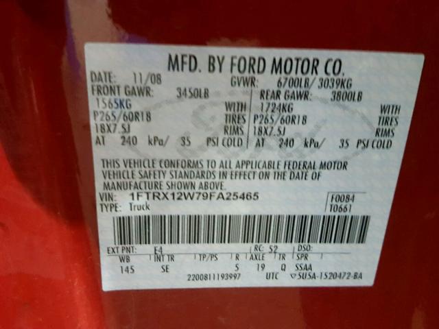 1FTRX12W79FA25465 - 2009 FORD F150 SUPER RED photo 10