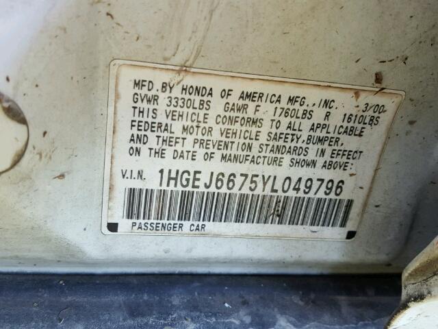 1HGEJ6675YL049796 - 2000 HONDA CIVIC LX WHITE photo 10