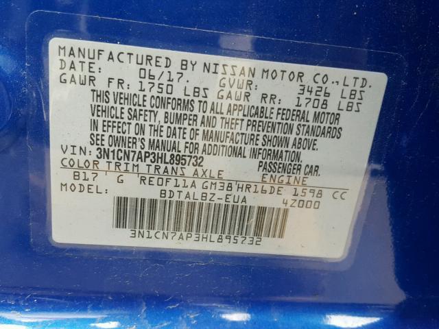 3N1CN7AP3HL895732 - 2017 NISSAN VERSA S BLUE photo 10