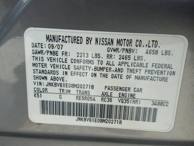 JNKBV61E08M202718 - 2008 INFINITI G35 GRAY photo 10