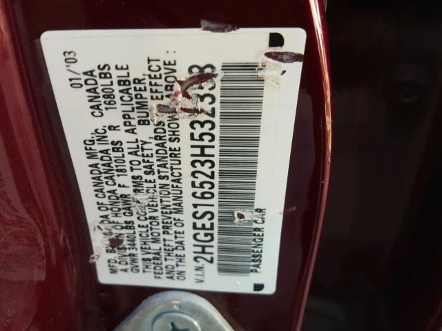 2HGES16523H532358 - 2003 HONDA CIVIC LX MAROON photo 10