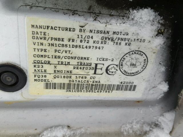 3N1CB51D85L497947 - 2005 NISSAN SENTRA 1.8 SILVER photo 10