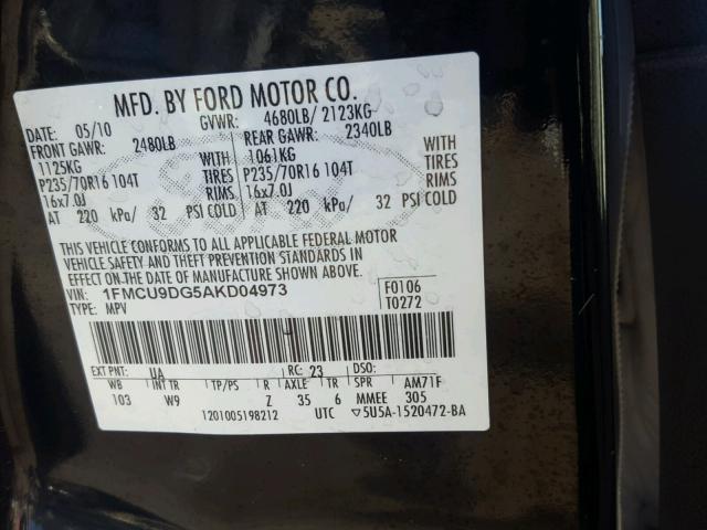 1FMCU9DG5AKD04973 - 2010 FORD ESCAPE XLT BLACK photo 10