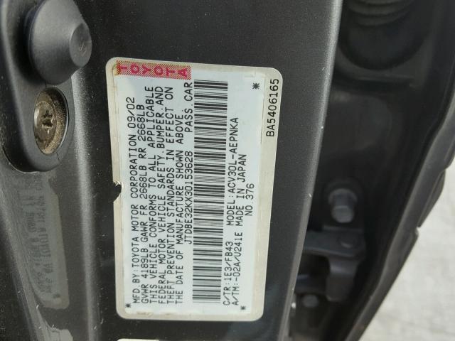 JTDBE32KX30153628 - 2003 TOYOTA CAMRY LE GRAY photo 10