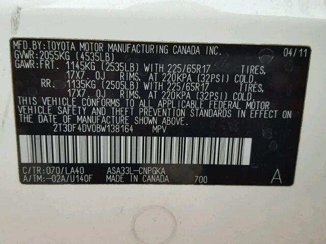 2T3DF4DV0BW138164 - 2011 TOYOTA RAV4 LIMIT WHITE photo 10