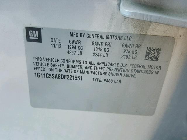 1G11C5SA8DF221551 - 2013 CHEVROLET MALIBU 1LT 银色 照片 10