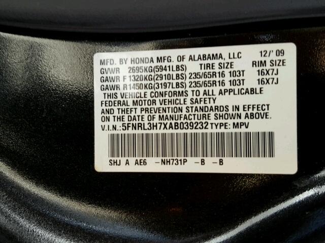 5FNRL3H7XAB039232 - 2010 HONDA ODYSSEY EX BLACK photo 10