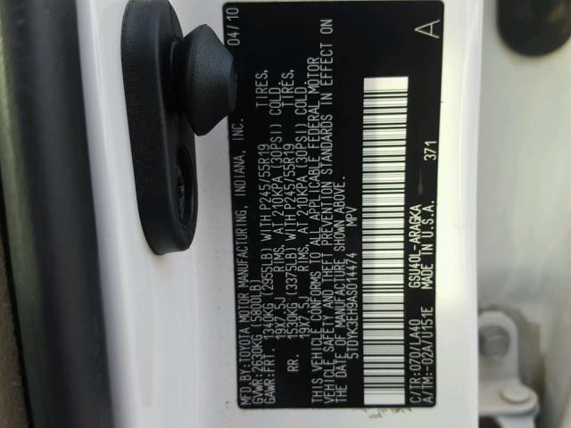 5TDYK3EH9AS014474 - 2010 TOYOTA HIGHLANDER WHITE photo 10