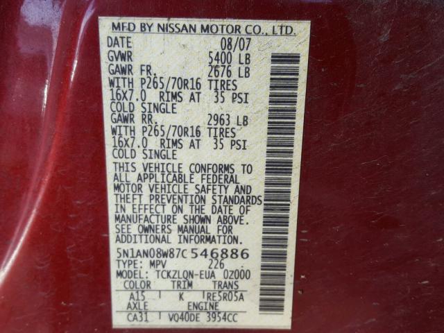 5N1AN08W87C546886 - 2007 NISSAN XTERRA OFF MAROON photo 10