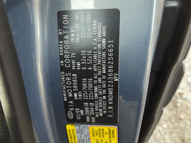 KNDMB233686256651 - 2008 KIA SEDONA EX BLUE photo 10