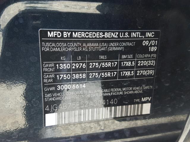 4JGAB75E52A304140 - 2002 MERCEDES-BENZ ML 500 BLACK photo 10