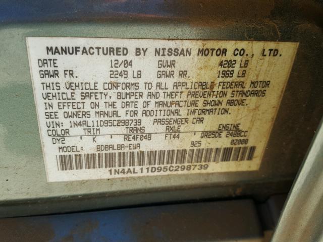 1N4AL11D95C298739 - 2005 NISSAN ALTIMA S GREEN photo 10