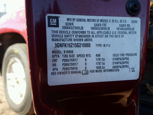 3GNFK16Z15G216868 - 2005 CHEVROLET SUBURBAN K BURGUNDY photo 10