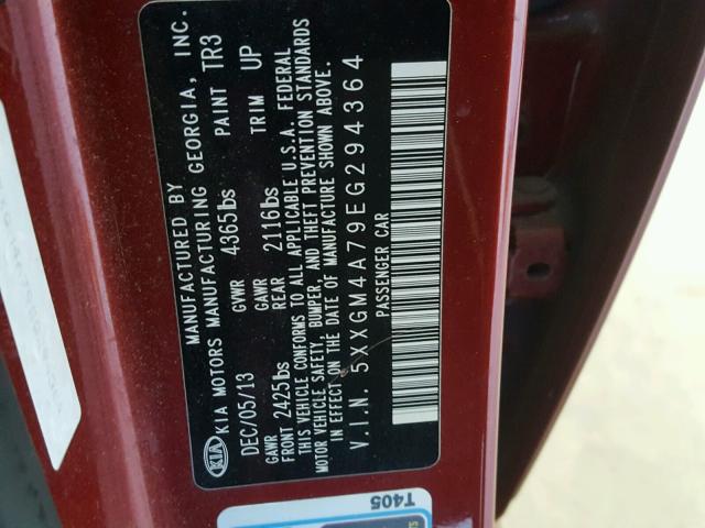 5XXGM4A79EG294364 - 2014 KIA OPTIMA LX RED photo 10