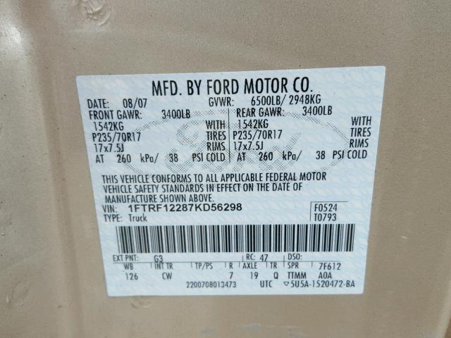 1FTRF12287KD56298 - 2007 FORD F150 TAN photo 10