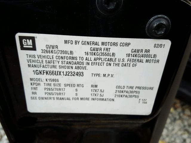 1GKFK66UX1J232493 - 2001 GMC DENALI XL BLACK photo 10