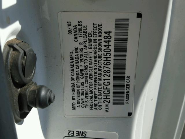 2HGFG12876H504484 - 2006 HONDA CIVIC EX Ağ foto 10