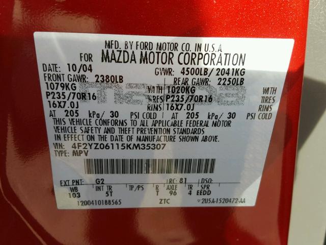 4F2YZ06115KM35307 - 2005 MAZDA TRIBUTE S RED photo 10