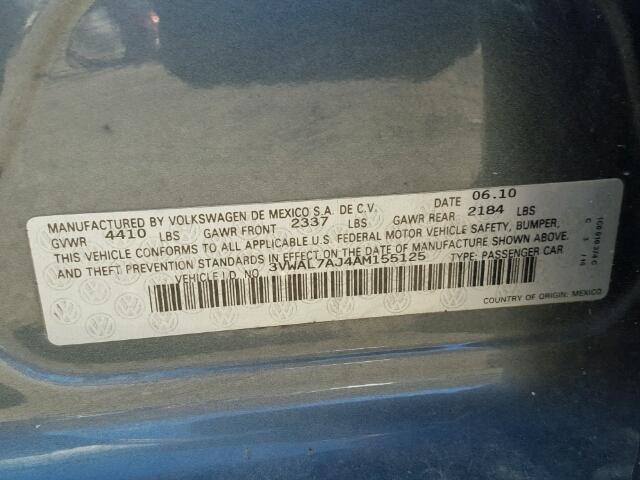 3VWAL7AJ4AM155125 - 2010 VOLKSWAGEN JETTA TDI GRAY photo 10