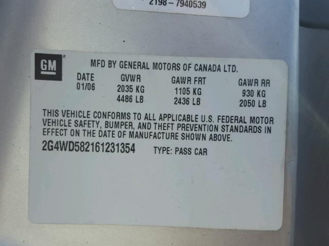 2G4WD582161231354 - 2006 BUICK LACROSSE C SILVER photo 10