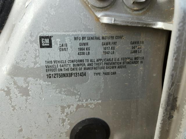 1G1ZT58NX8F131434 - 2008 CHEVROLET MALIBU LT SILVER photo 10