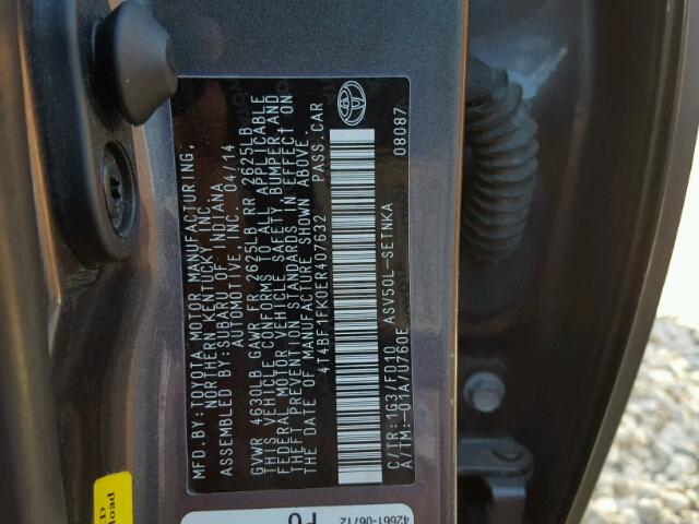 4T4BF1FK0ER407632 - 2014 TOYOTA CAMRY L BLACK photo 10