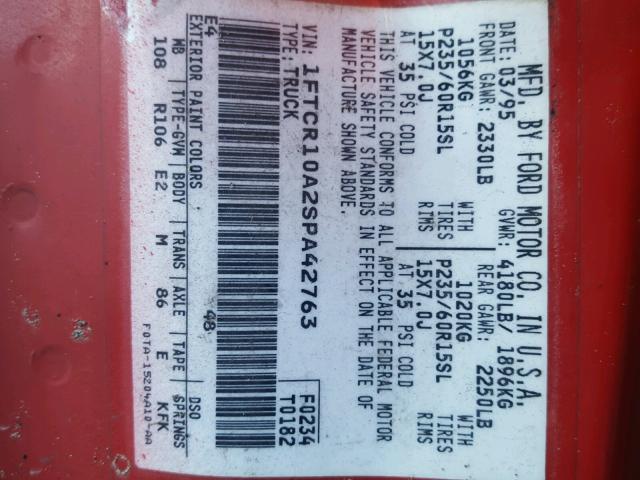 1FTCR10A2SPA42763 - 1995 FORD RANGER RED photo 10