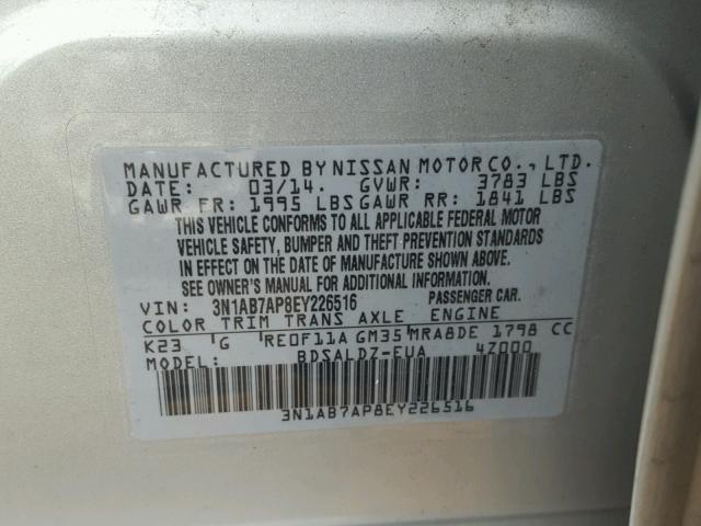 3N1AB7AP8EY226516 - 2014 NISSAN SENTRA S SILVER photo 10