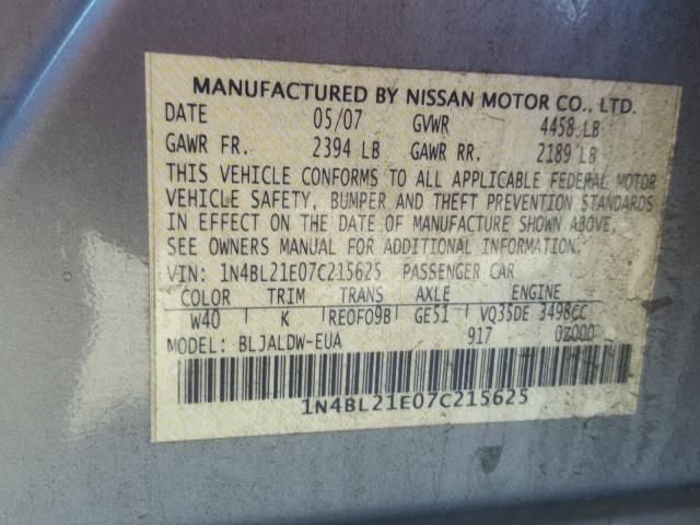 1N4BL21E07C215625 - 2007 NISSAN ALTIMA 3.5 GRAY photo 10