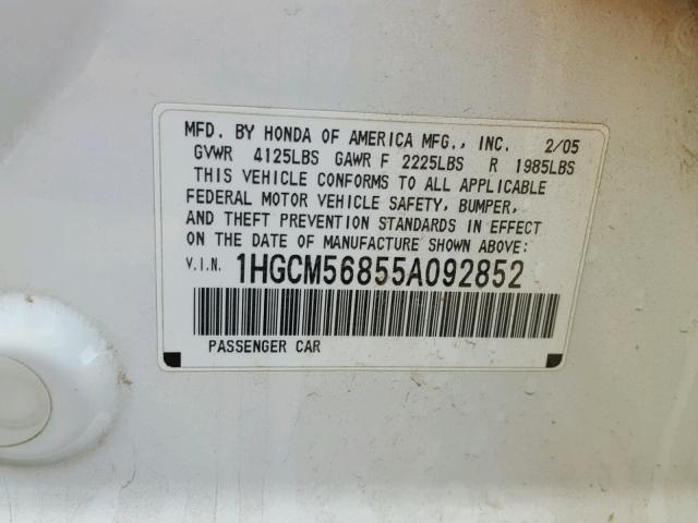 1HGCM56855A092852 - 2005 HONDA ACCORD EX WHITE photo 10