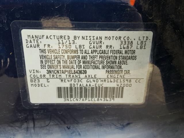 3N1CN7AP1EL843639 - 2014 NISSAN VERSA BLUE photo 10