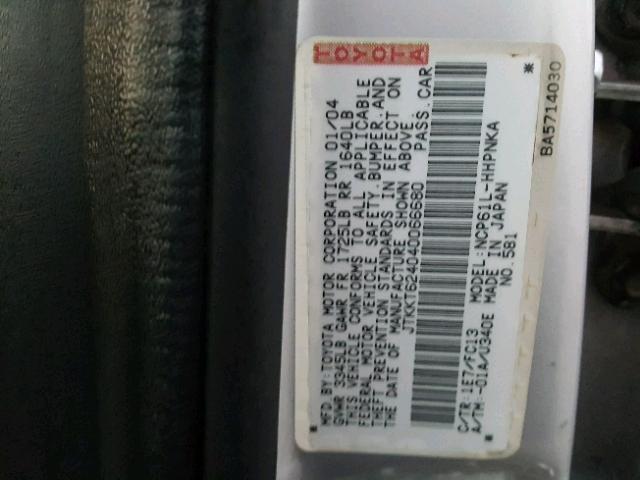 JTKKT624040066680 - 2004 TOYOTA SCION XA ნაცრისფერი ფოტო 10