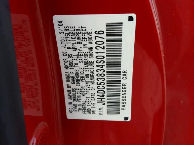 JH4DC53834S012076 - 2004 ACURA RSX RED photo 10