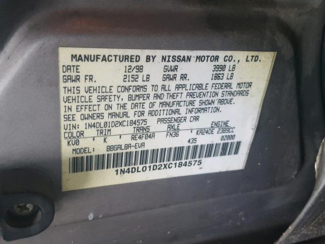 1N4DL01D2XC184575 - 1999 NISSAN ALTIMA XE GRAY photo 10