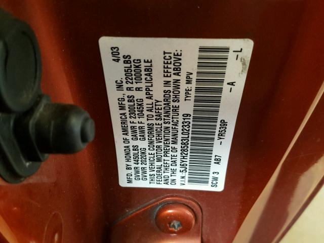 5J6YH28583L023319 - 2003 HONDA ELEMENT EX ORANGE photo 10