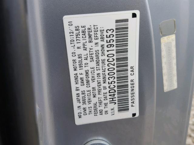 JH4DC53002C019553 - 2002 ACURA RSX TYPE-S SILVER photo 10