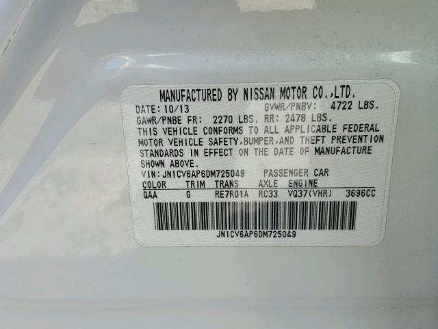 JN1CV6AP6DM725049 - 2013 INFINITI G37 BASE WHITE photo 10