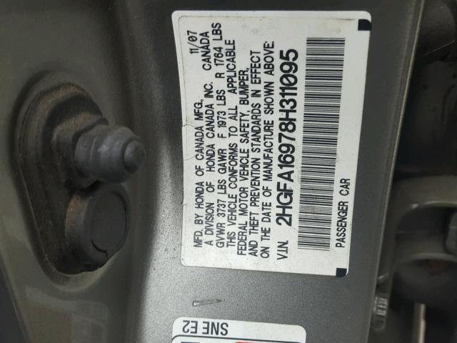 2HGFA16978H311095 - 2008 HONDA CIVIC EXL 灰色 照片 10