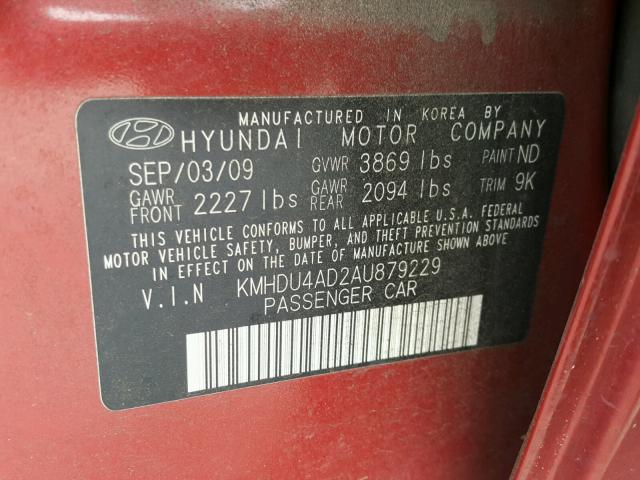 KMHDU4AD2AU879229 - 2010 HYUNDAI ELANTRA BL RED photo 10