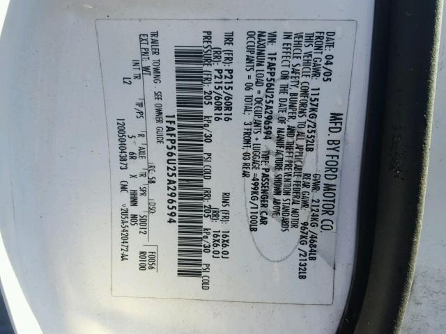 1FAFP56U25A296594 - 2005 FORD TAURUS SEL WHITE photo 10