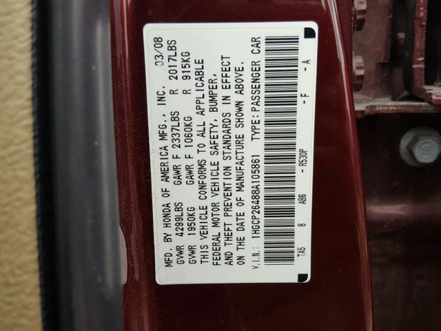 1HGCP26488A105861 - 2008 HONDA ACCORD LXP MAROON photo 10