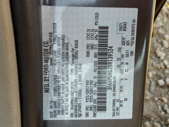 3FAHP0HG2BR139524 - 2011 FORD FUSION SE CHARCOAL photo 10