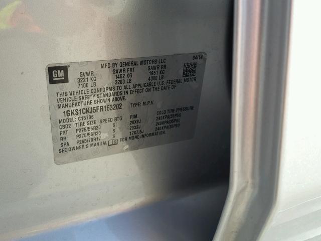 1GKS1CKJ5FR163202 - 2015 GMC YUKON DENA SILVER photo 10