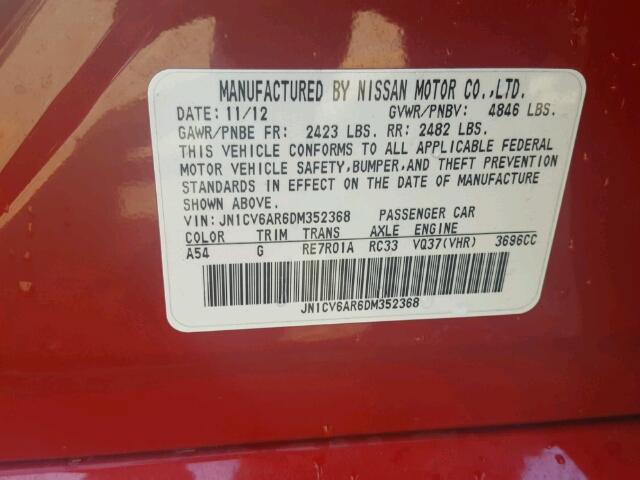 JN1CV6AR6DM352368 - 2013 INFINITI G37 RED photo 10