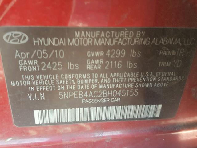 5NPEB4AC2BH045155 - 2011 HYUNDAI SONATA GLS RED photo 10