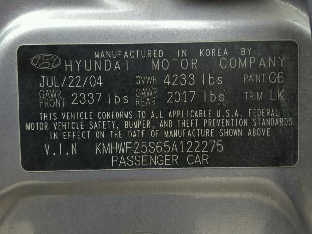 KMHWF25S65A122275 - 2005 HYUNDAI SONATA GL SILVER photo 10