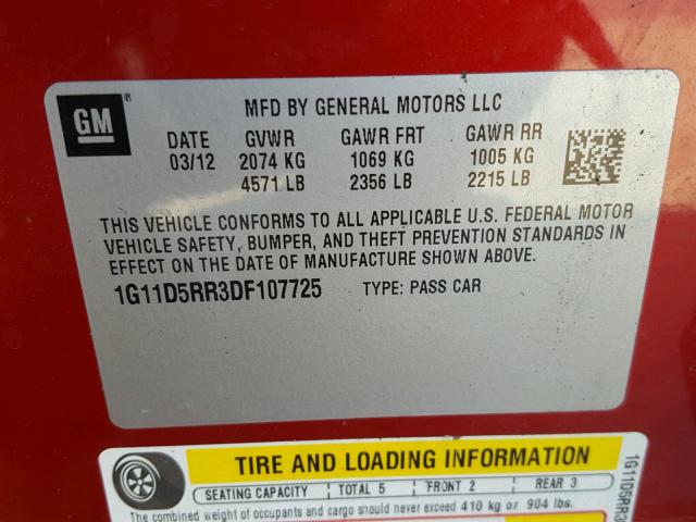 1G11D5RR3DF107725 - 2013 CHEVROLET MALIBU 1LT წითელი ფოტო 10