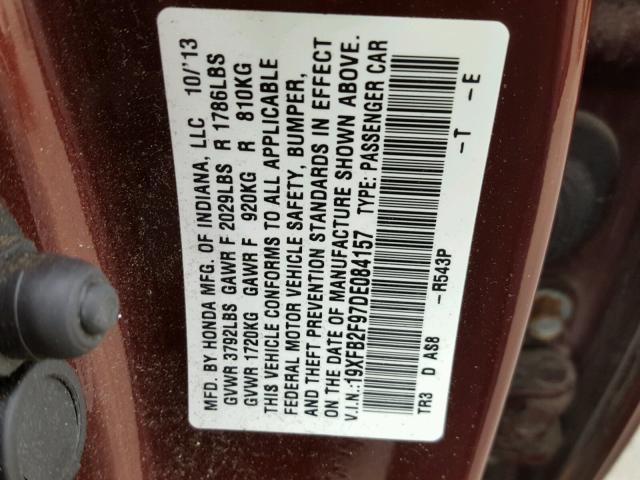 19XFB2F97DE084157 - 2013 HONDA CIVIC EXL MAROON photo 10