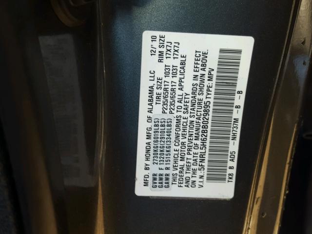 5FNRL5H62BB029895 - 2011 HONDA ODYSSEY EX GRAY photo 10