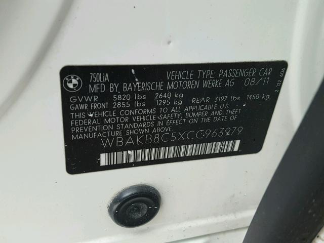 WBAKB8C5XCC963979 - 2012 BMW 750LI WHITE photo 10